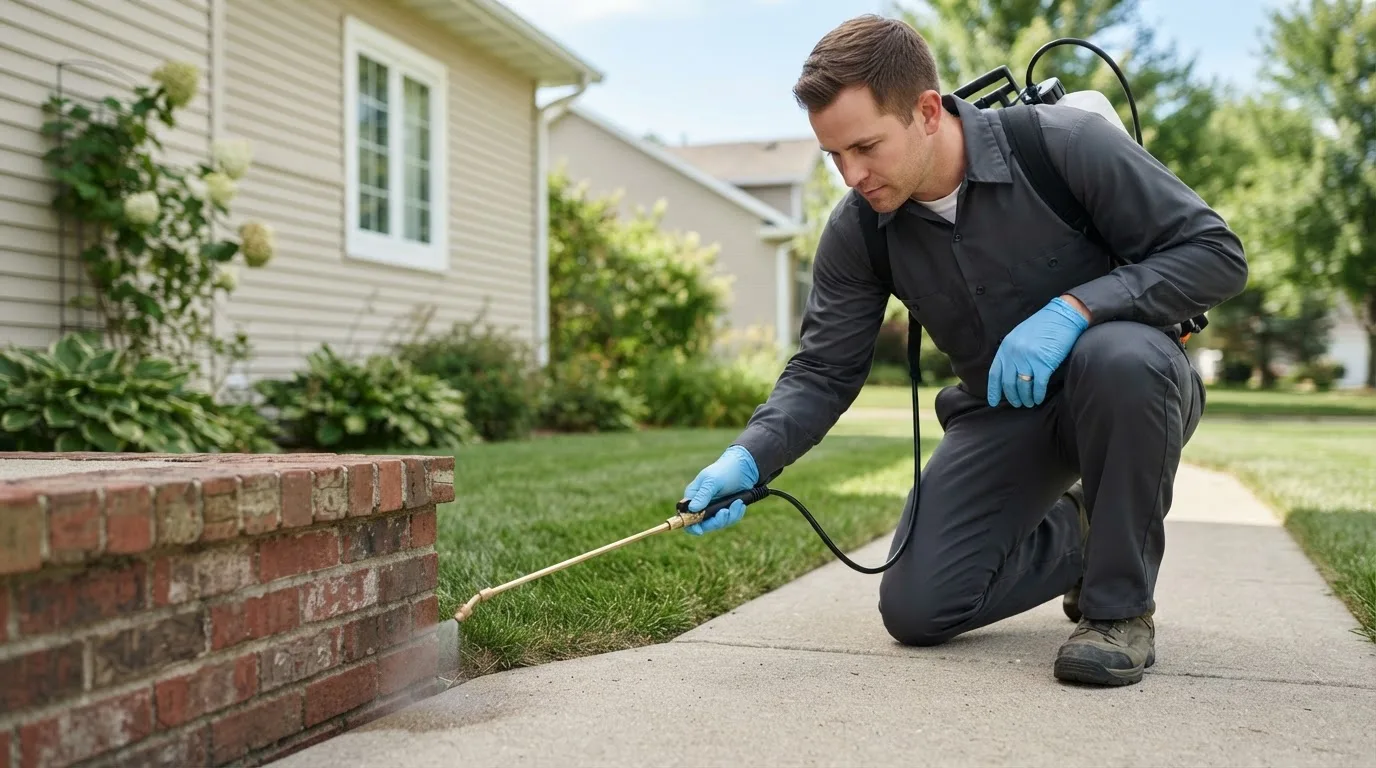 Pest control technician treating a home near Saint Louisville, OH