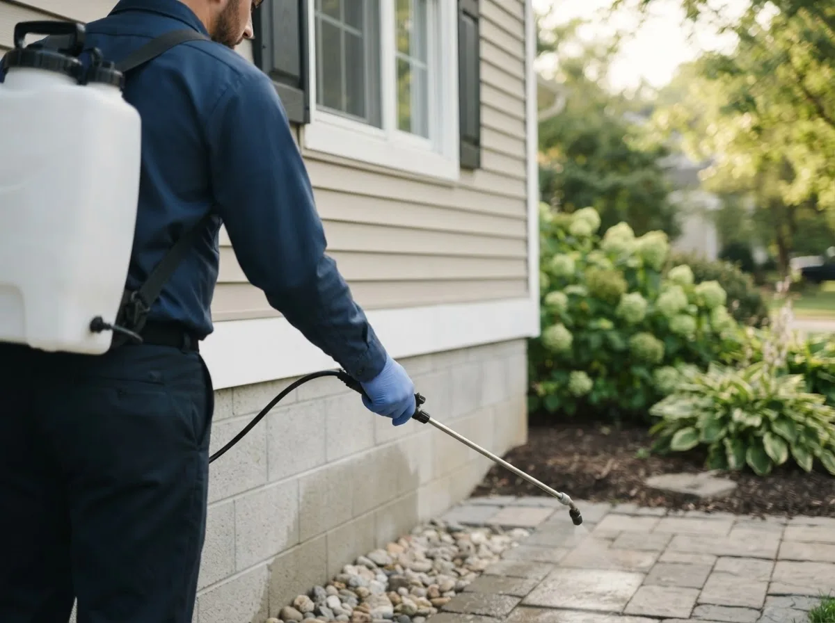 Pest control technician inspecting a home in Saint Louisville, OH